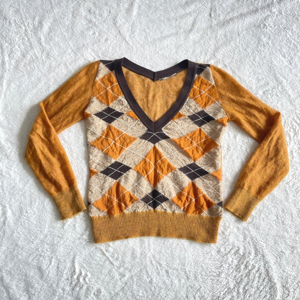 Ermanno Scervino Wool Blend Argyle V-Neck Knit Sweater Top Size 42 IT‎ / 6 US